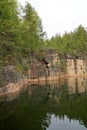 Abandoned rock quarry filled with water and bare walls. Royalty Free Stock Photo