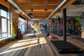 An abandoned room filled with vibrant graffiti covering the walls, displaying a variety of artistic expressions, A gym with a