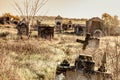 Abandoned ruin cemetery and overgrown landscape