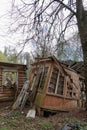 Abandoned ruin house, wooden architecture, debris, housing wreck