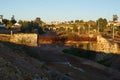 Abandoned ruin mine buildings red landscape with bridge in Mina de Sao Domingos, Portugal