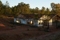 Abandoned ruin mine buildings red landscape in Mina de Sao Domingos, Portugal