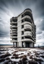 abandoned concrete brutalist building in a desolate scrub landscape