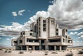abandoned ruined concrete industrial brutalist building with desert landscape