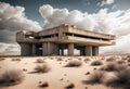 abandoned concrete industrial brutalist building in desert landscape