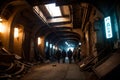 Abandoned and ruined dark industrial creepy warehouse, corridor or tunnel view, old grunge factory building. Royalty Free Stock Photo