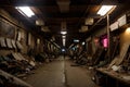 Abandoned and ruined dark industrial creepy warehouse, corridor or tunnel view, old grunge factory building. Royalty Free Stock Photo