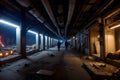 Abandoned and ruined dark industrial creepy warehouse, corridor or tunnel view, old grunge factory building. Royalty Free Stock Photo