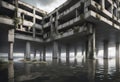 abandoned flooded modern brutalist concrete building standing in water