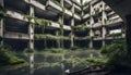 abandoned ruined modern brutalist concrete building standing in water