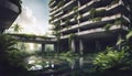 abandoned flooded modern brutalist concrete building standing in water