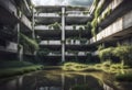 ruined flooded modern brutalist concrete building standing in water