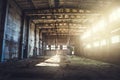 Abandoned ruined industrial factory building, corridor view with perspective, ruins and demolition concept Royalty Free Stock Photo