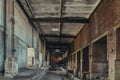 Abandoned ruined industrial factory building, corridor view with perspective, ruins and demolition concept Royalty Free Stock Photo