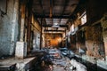 Abandoned ruined industrial factory building, corridor view with perspective, ruins and demolition concept Royalty Free Stock Photo
