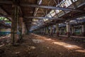 Abandoned ruined industrial warehouse or factory building inside, corridor view with perspective, ruins and demolition concept Royalty Free Stock Photo