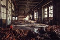 Abandoned ruined industrial warehouse or factory building inside, corridor view with perspective, ruins and demolition concept Royalty Free Stock Photo