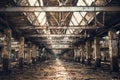 Abandoned ruined industrial warehouse or factory building inside, corridor view with perspective, ruins and demolition concept Royalty Free Stock Photo