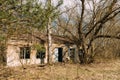 Abandoned Ruined Old Village House In Chernobyl Resettlement Zone. Belarus. Chornobyl Catastrophe Disasters. Dilapidated