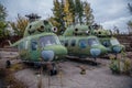 Abandoned Russian military helicopters on derelict military airfield