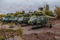 Abandoned Russian military helicopters on derelict military airfield