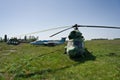 Abandoned Russian military helicopters and planes on derelict airfield