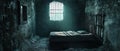 Abandoned rustic prison cell with worn bed and sunlight streaming through barred window in moody dark atmosphere