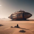 An abandoned, rusting spaceship stranded in a barren desert, with a lone figure standing beside it2