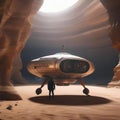 An abandoned, rusting spaceship stranded in a barren desert, with a lone figure standing beside it1