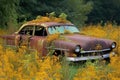 abandoned rusty car in overgrown field