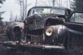 Abandoned and rusty car wreck standing in a forest Royalty Free Stock Photo