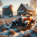 Abandoned Rusty Old Farm Vehicle Weathered Vintage Red Barn Historic Winter Landscape Scenic Country Agriculture AI Generated Fa Royalty Free Stock Photo