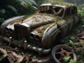 Abandoned rusty petrol luxury sedan car banned for co2 emission agenda, growth plants bloom flowers