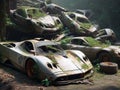 Abandoned rusty petrol super car banned for co2 emission agenda, overgrowth plants bloom flowers