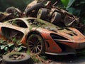 Abandoned rusty petrol super car banned for co2 emission agenda, overgrowth plants bloom flowers