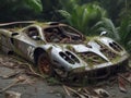 Abandoned rusty petrol super car banned for co2 emission agenda, overgrowth plants bloom flowers