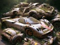 Abandoned rusty petrol super car banned for co2 emission agenda, overgrowth plants bloom flowers