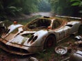 Abandoned rusty petrol super car banned for co2 emission agenda, overgrowth plants bloom flowers