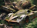 Abandoned rusty petrol super car banned for co2 emission agenda, overgrowth plants bloom flowers