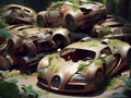 Abandoned rusty petrol super car banned for co2 emission agenda, overgrowth plants bloom flowers