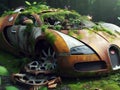 Abandoned rusty petrol super car banned for co2 emission agenda, overgrowth plants bloom flowers Royalty Free Stock Photo