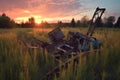 abandoned rusty plow in tall grass at sunset