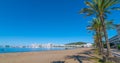 Abandoned sailboat on the beach. Rows of palm trees line water`s edge in Ibiza, St Antoni de Portmany Balearic Islands, Spain.