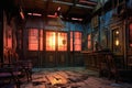 abandoned saloon with swinging doors at dusk