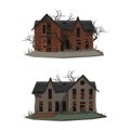 Abandoned scary house set. Haunted gothic mansions with boarded up windows cartoon vector illustration