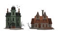 Abandoned scary mansions set. Haunted gothic house cartoon vector illustration