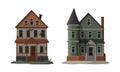 Abandoned scary mansions set. Haunted gothic houses cartoon vector illustratio