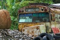 An abandoned schol bus rusts in a junkyard near Boqueue Panama