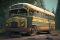 Abandoned school bus in the forest. Generative AI Royalty Free Stock Photo