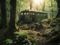 Abandoned school bus wreckage in dense green forest.